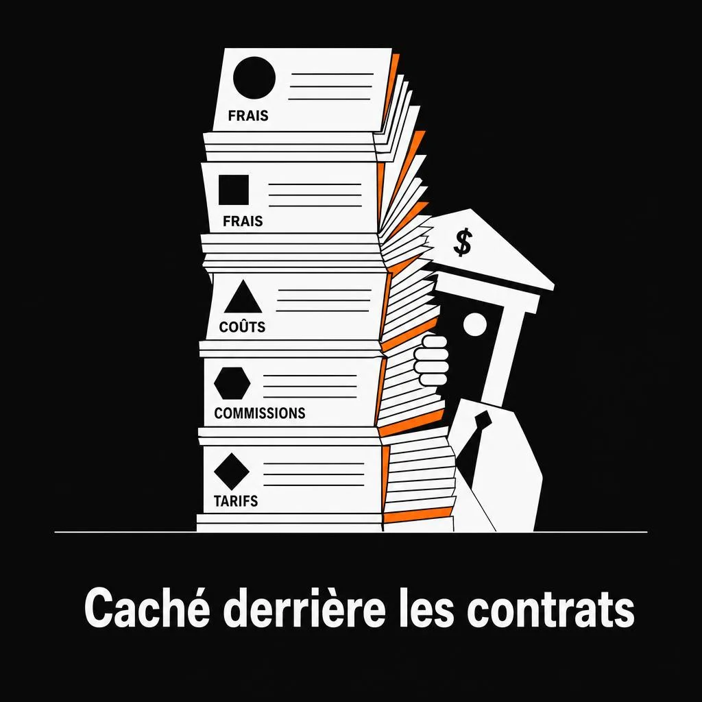 Documents financiers empilés symbolisant les frais bancaires cachés, transparence impossible