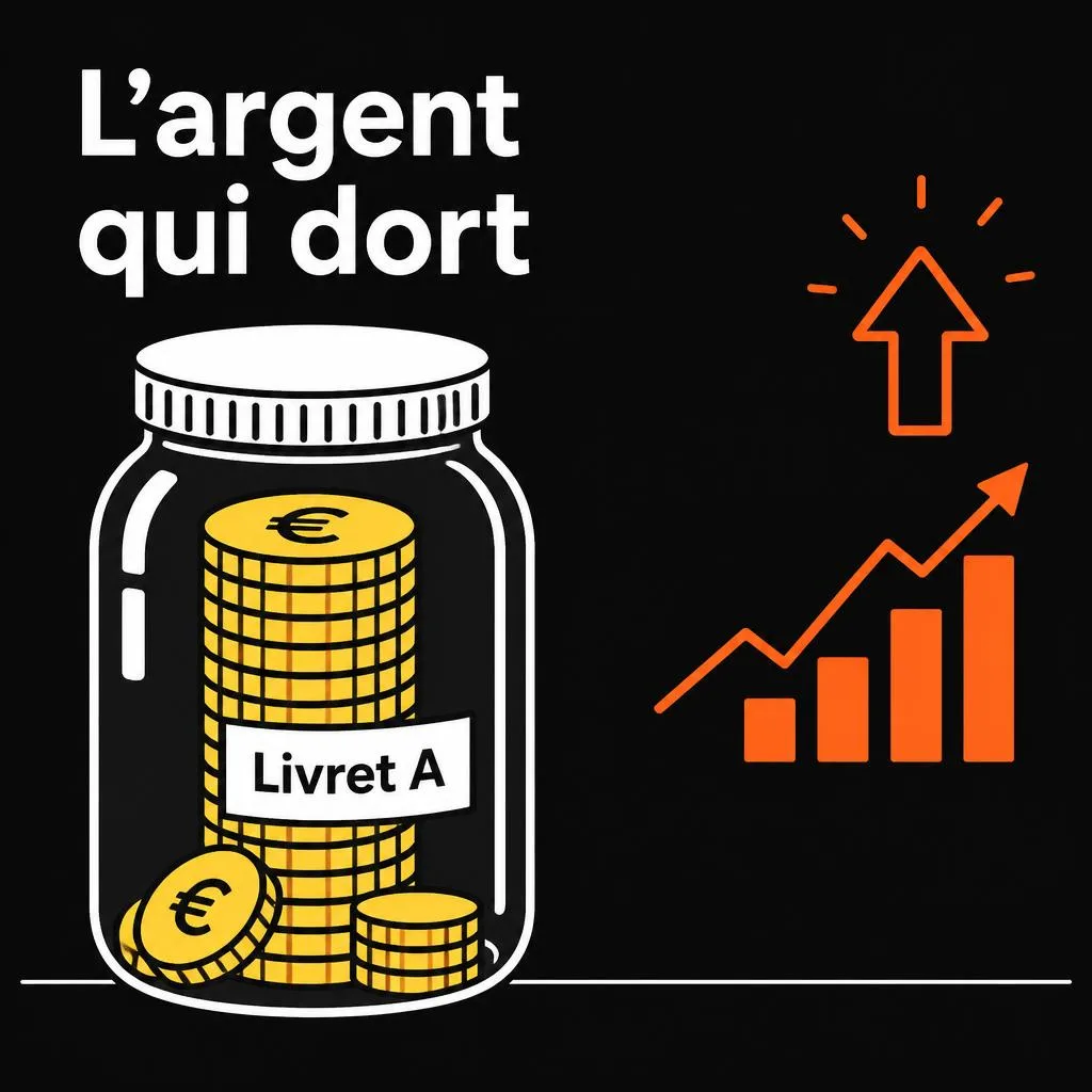L'argent qui dort, pièces en euros dans un bocal Livret A face à un graphique de croissance