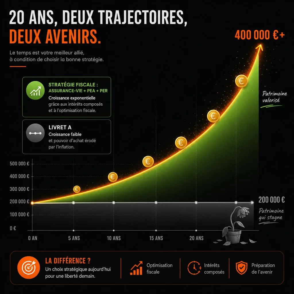 Graphique comparant deux trajectoires sur 20 ans : Livret A stagnant à 200 000 € vs stratégie assurance-vie, PEA, PER atteignant 400 000 €+