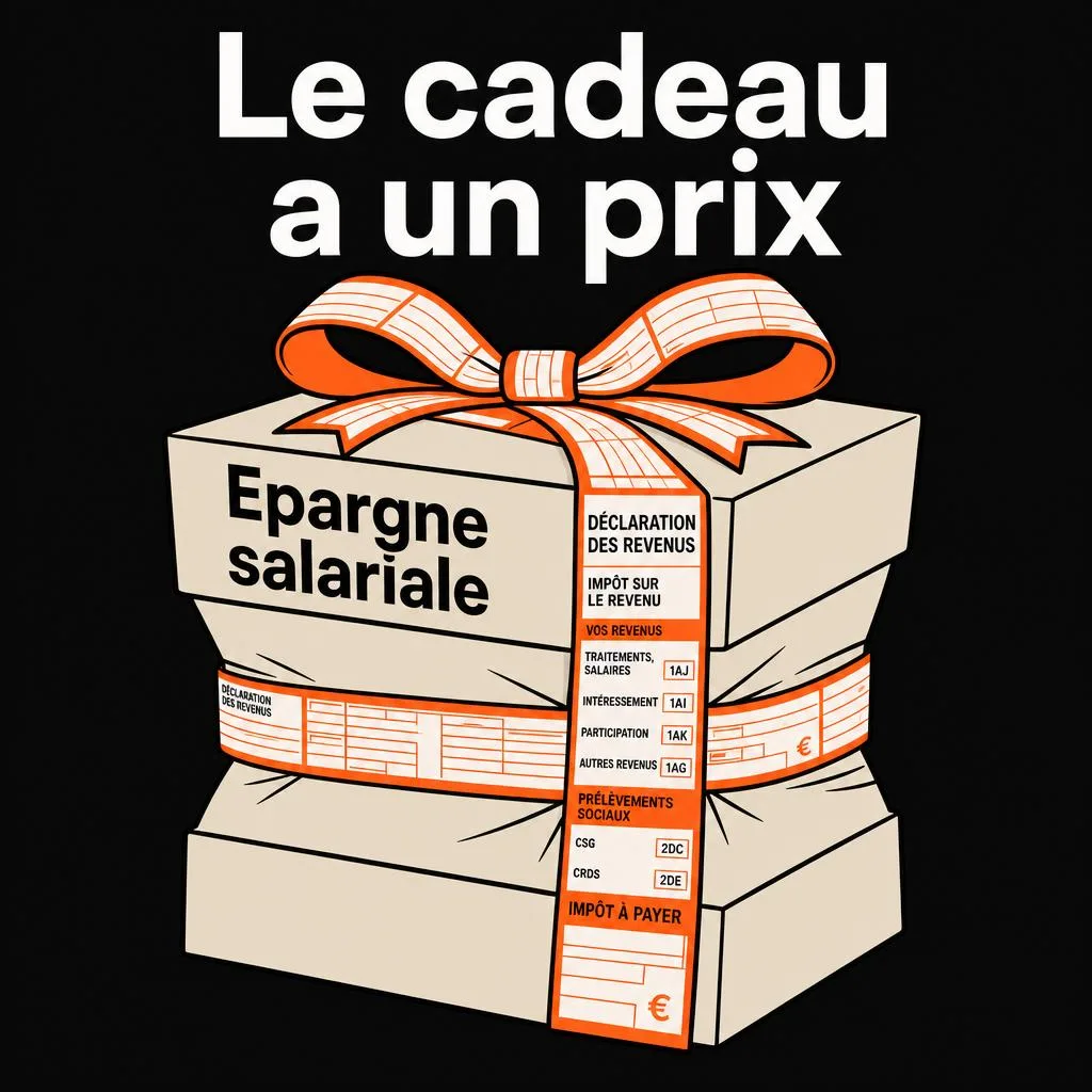 Cadeau emballé portant l'étiquette Épargne salariale, avec un ruban fait d'une déclaration de revenus impôt à payer
