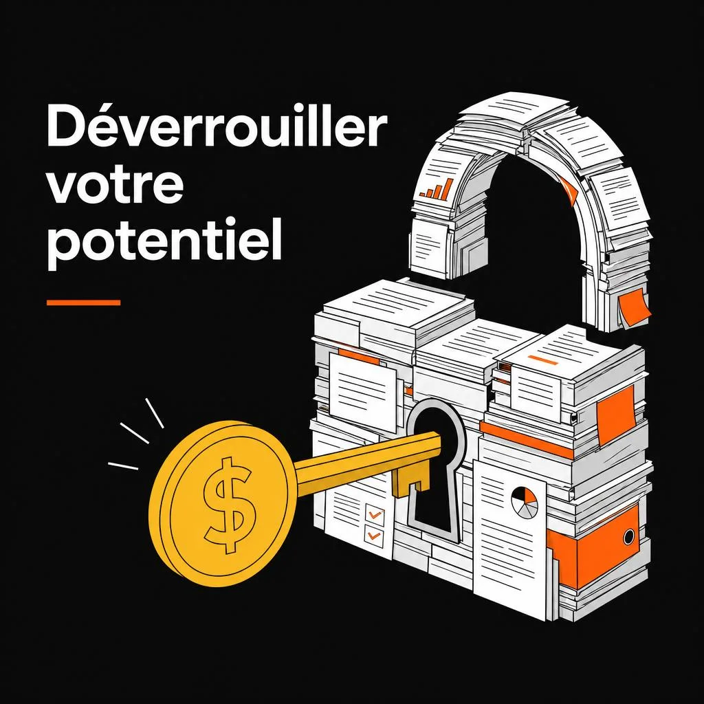 Cadenas constitué de documents financiers empilés, déverrouillé par une pièce de monnaie pour déverrouiller son potentiel financier