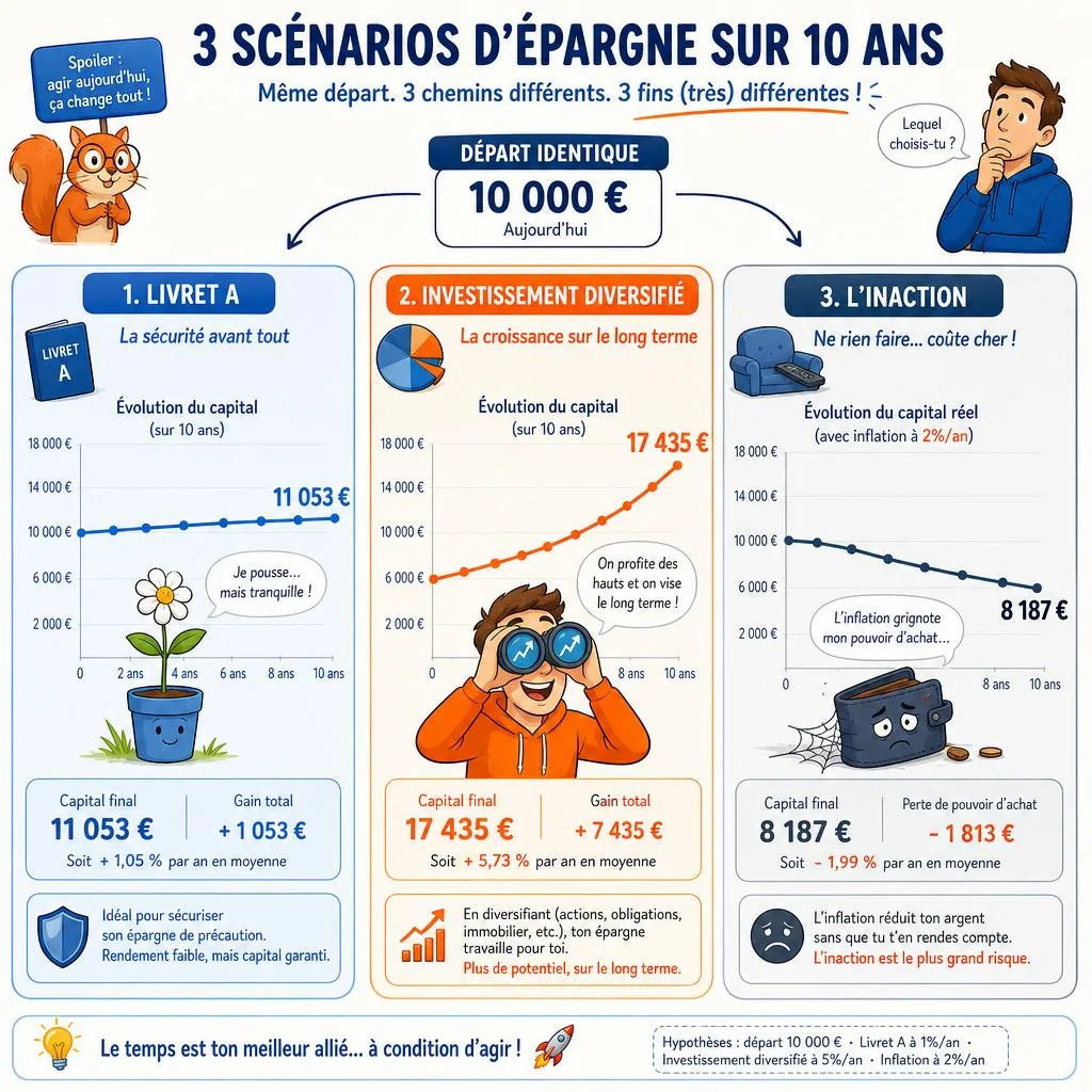 Carnet Livret A avec de la monnaie en euros, symbole d'une épargne qui stagne sans construire de patrimoine