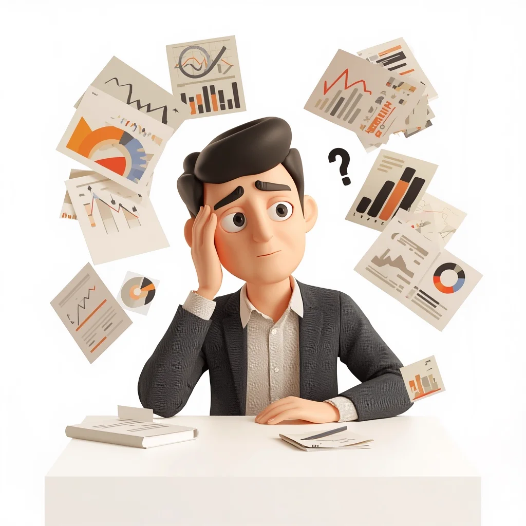 Personnage débordé, entouré de graphiques et de documents financiers